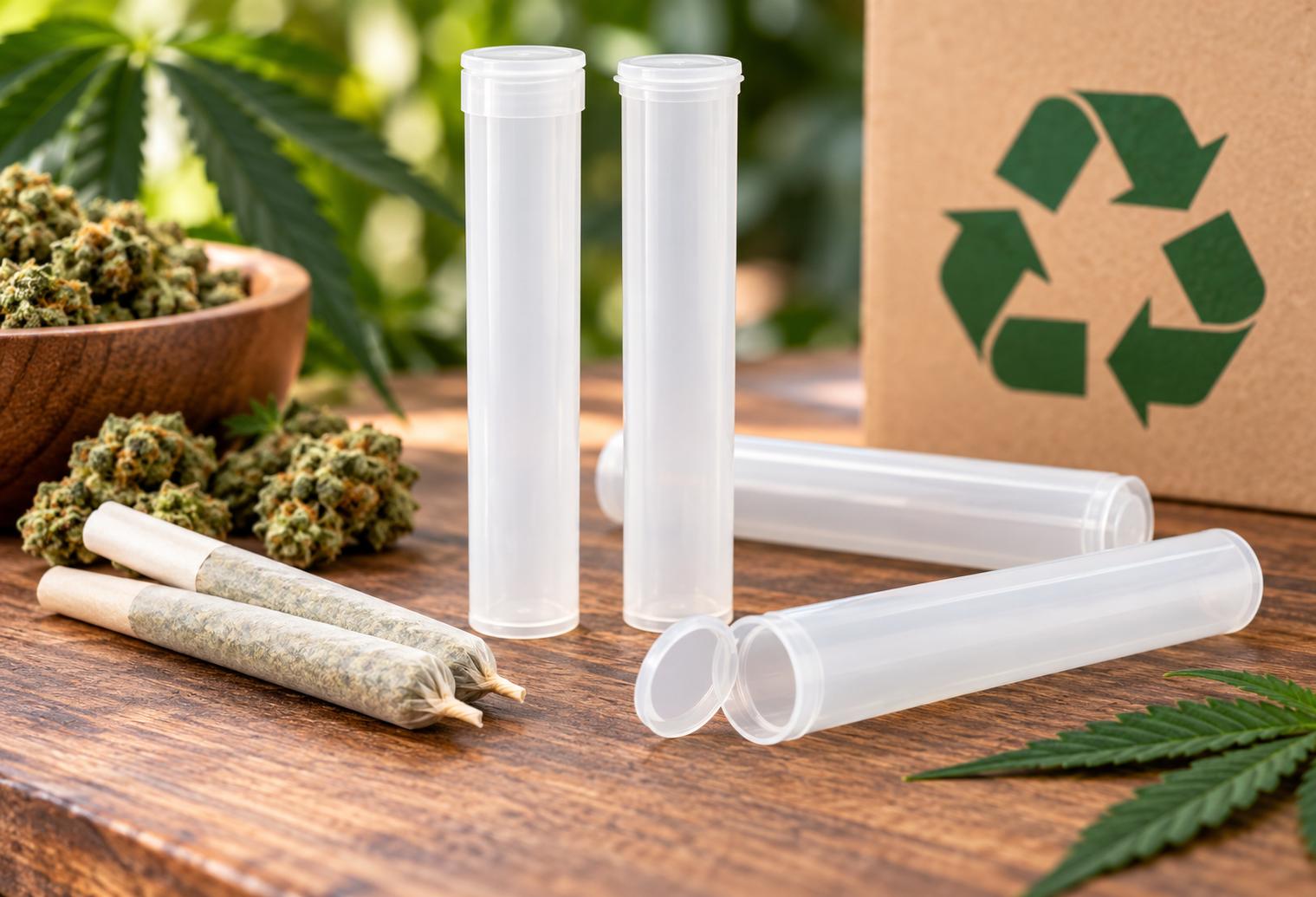 116mm recycled-content child-resistant pre-roll tubes displayed with king-size cannabis pre-rolls, highlighting sustainable packaging options.